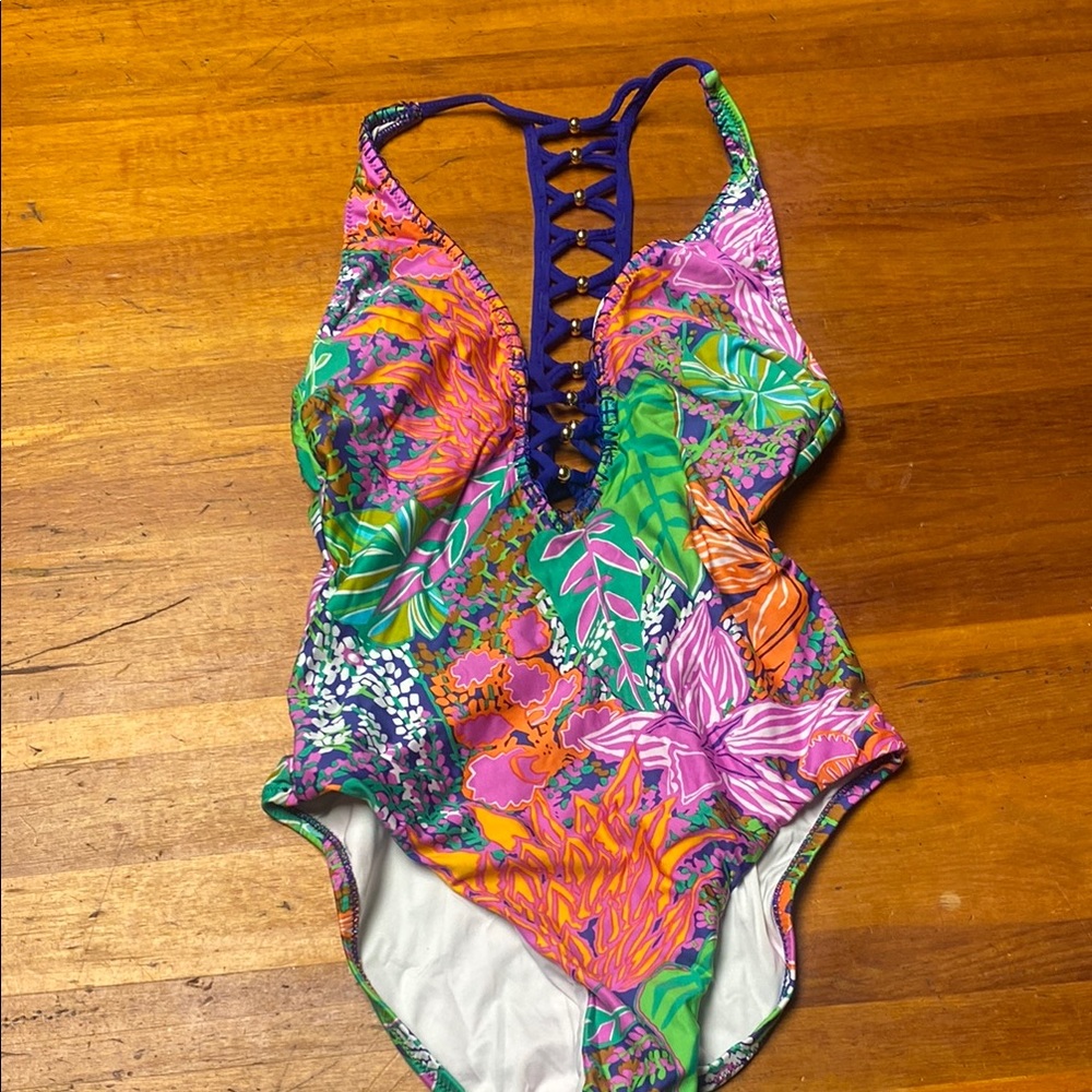 Trina Turk Bright Multicolor Floral One-Piece with Purple Lace-Up Back